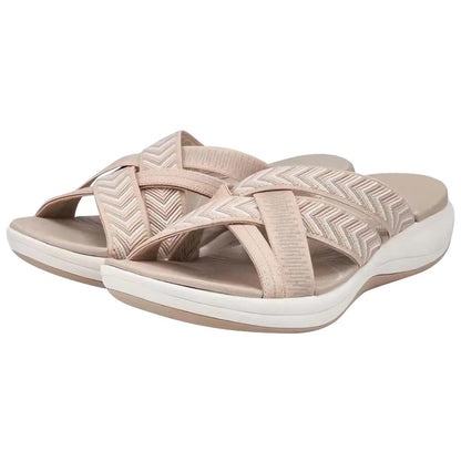 Beige Mivoza orthopedic sandals with arch support, adjustable strap, open toe, and comfort sole for supportive home footwear.
