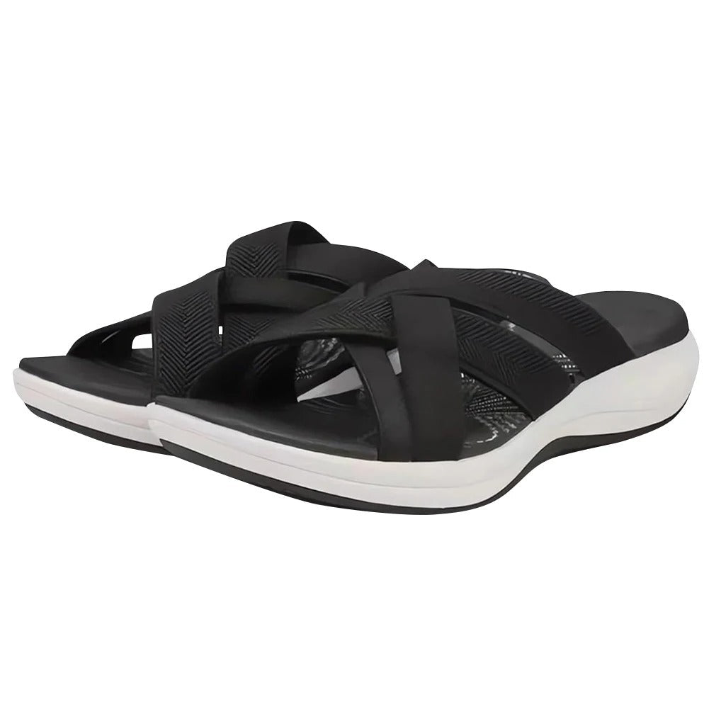 Black Mivoza orthopedic sandals with adjustable straps, open toe design, arch support, and cushioned comfort sole.