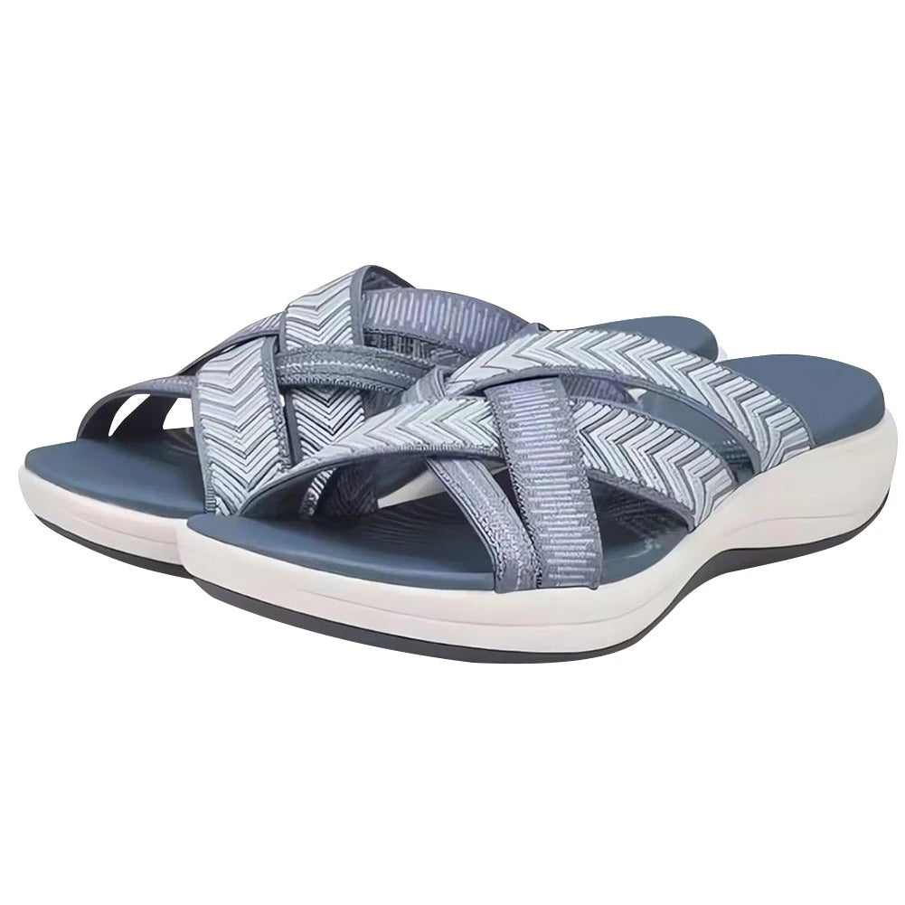 Blue Mivoza orthopedic sandals with adjustable strap, open toe design, arch support, and comfortable sole for home and casual wear.
