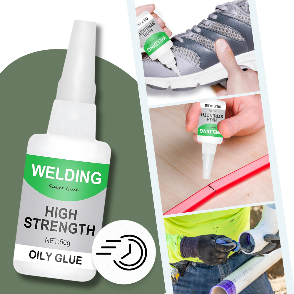 Belro versatile welding high strength oily glue applied to metal surface, showcasing durable adhesive repair in a tools and hardware setting.