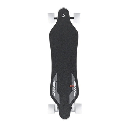 Casavibeo Meepo Voyager X electric skateboard with Cyclone 107s rubber wheels, showcasing the deck and wheel setup.