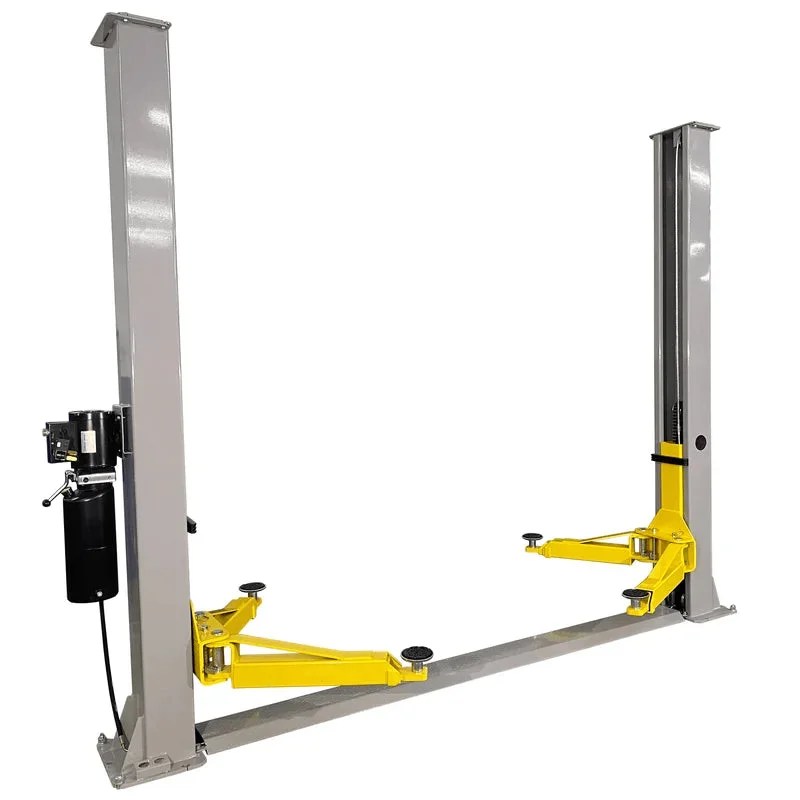 Casavibeo Triumph NT-9 9,000 lb two-post car lift shown with open arms and sturdy base for vehicle maintenance and repairs.