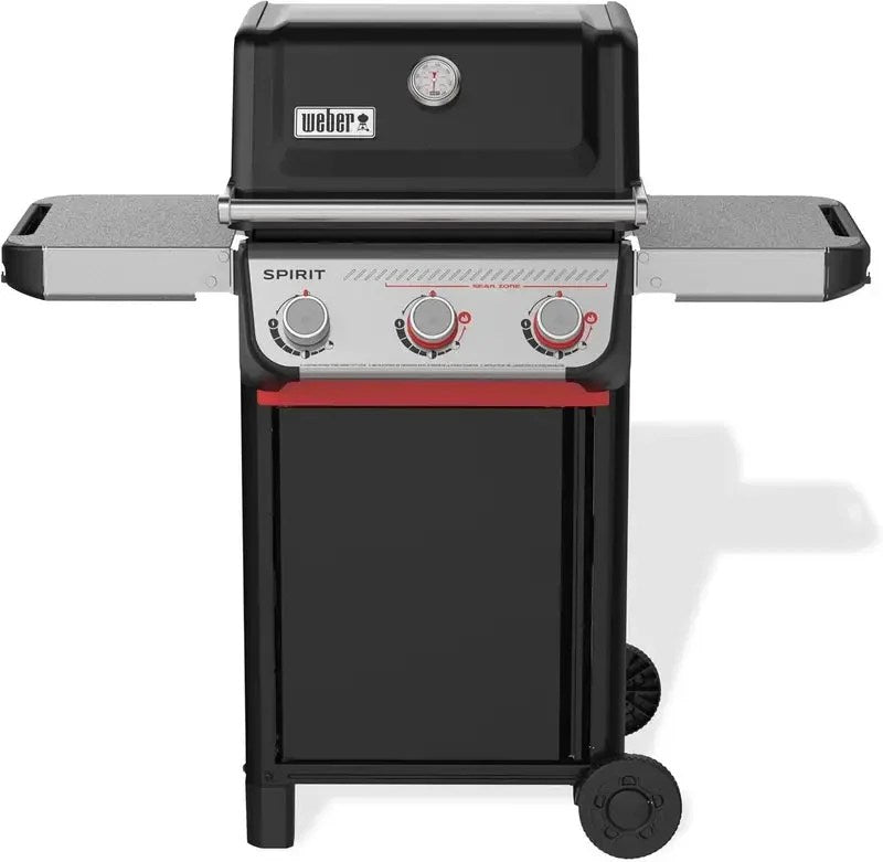 Casavibeo Weber Spirit E-325 gas grill with stainless steel lid, side shelves, and four burners for outdoor cooking.