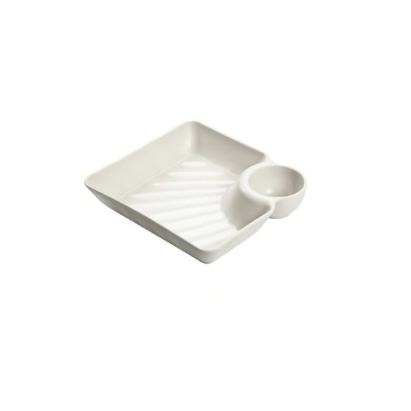 Mivoza dipping plate with sauce compartment, stackable design, no-drip edge, suitable for serving condiments and dips at the table.