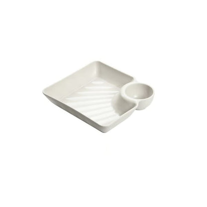 Mivoza dipping plate with sauce compartment, stackable design, no-drip edge, suitable for serving condiments and dips at the table.