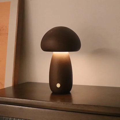Belro mushroom night light bedside lamp with walnut finish, soft glowing LED light for cozy bedroom lighting.