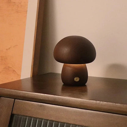 Belro mushroom night light bedside lamp with walnut finish, soft glowing LED light for cozy bedroom lighting.