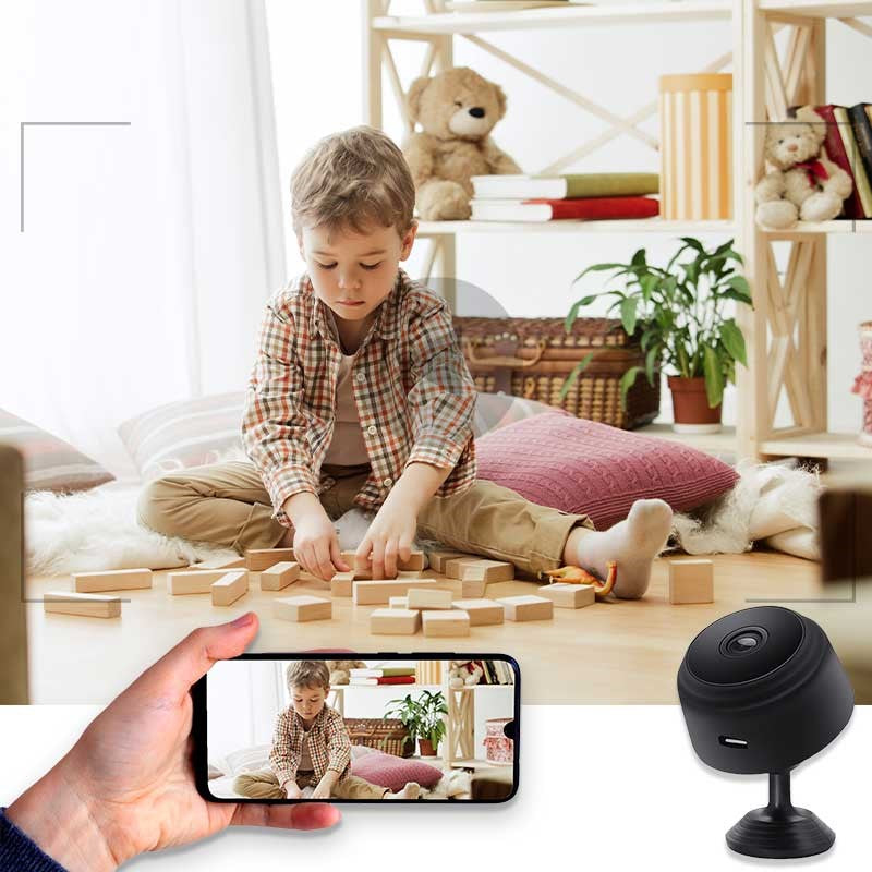 Belro Mini WiFi Camera with HD 1080P resolution and night vision, showing a compact camcorder with a lens and control buttons.