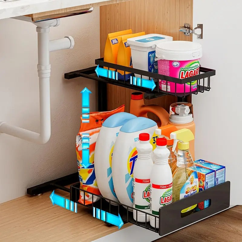 Belro 2-tier slide-out under sink organizer for kitchen storage, featuring adjustable shelves and easy glide movement.