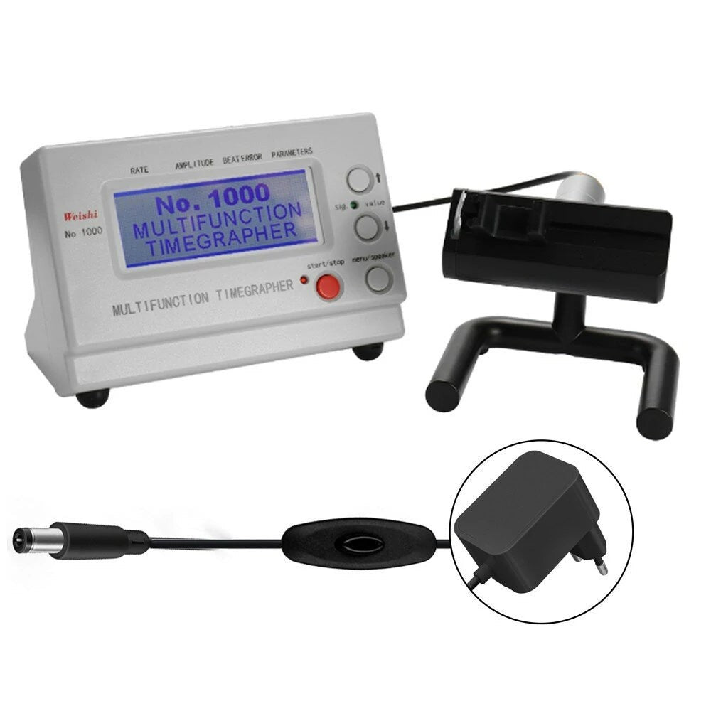 WeiShi No.1000 professional mechanical watch tester by GETDECO, showing the device with digital display and control buttons for timing accuracy.