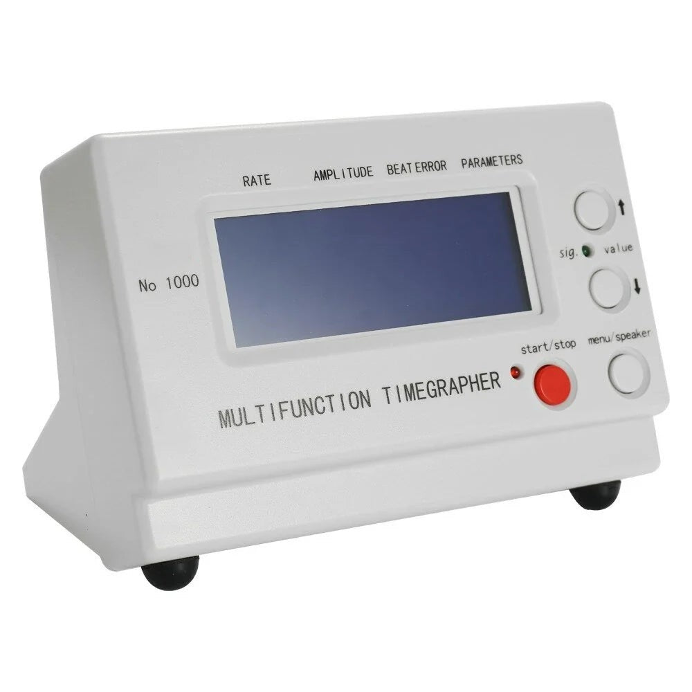 WeiShi No.1000 professional mechanical watch tester by GETDECO showing dials and controls for timing analysis.