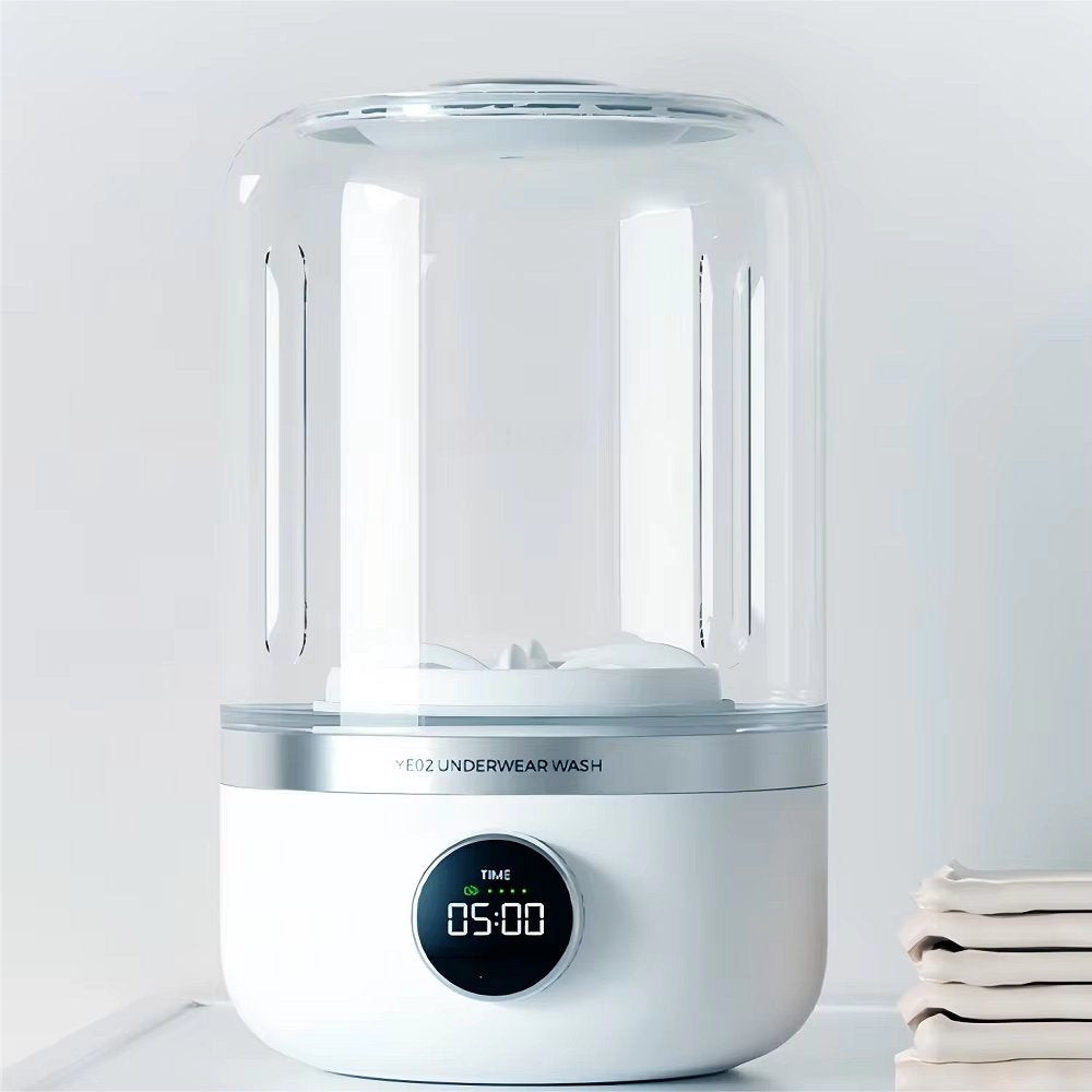 Mini rechargeable washing machine by Belro, compact home and outdoor laundry appliance with visible control panel and drum.