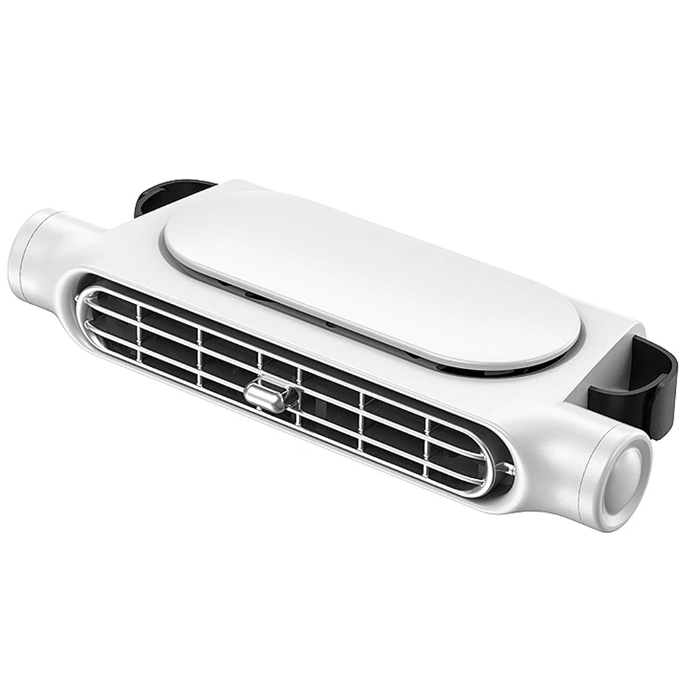 Belro car seat cooling fan in white, designed for sports and outdoor use, mounted on a vehicle seat to enhance comfort.