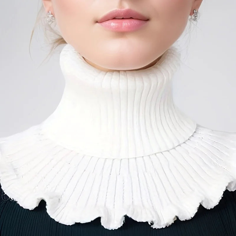 White knitted turtleneck neck scarf for women, Belro accessory, showcasing soft, cozy fabric and stylish design.