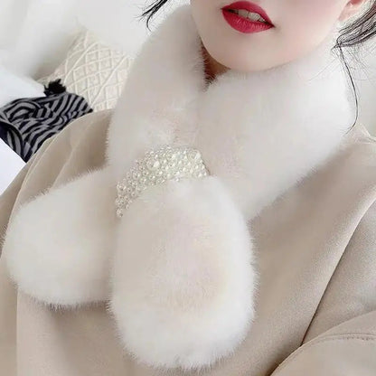 White luxury faux fur pearl winter scarf by Belro, soft and plush accessory with pearl accents for stylish cold weather wear.
