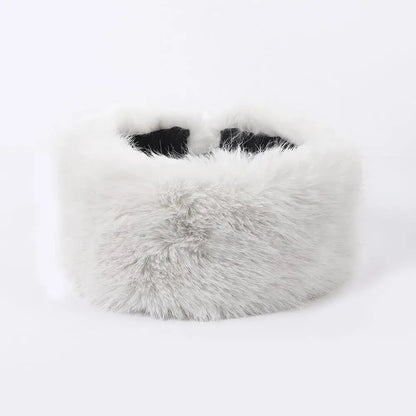 White fluffy faux fur headband for women, Belro hair accessory with soft, plush texture and cozy style.