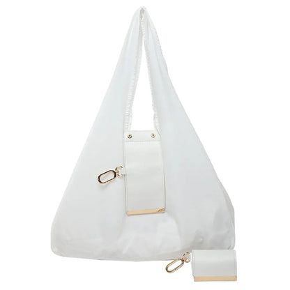 White Belro mini foldable tote bag keychain, compact accessory with wallet and card holder features, shown folded and open.