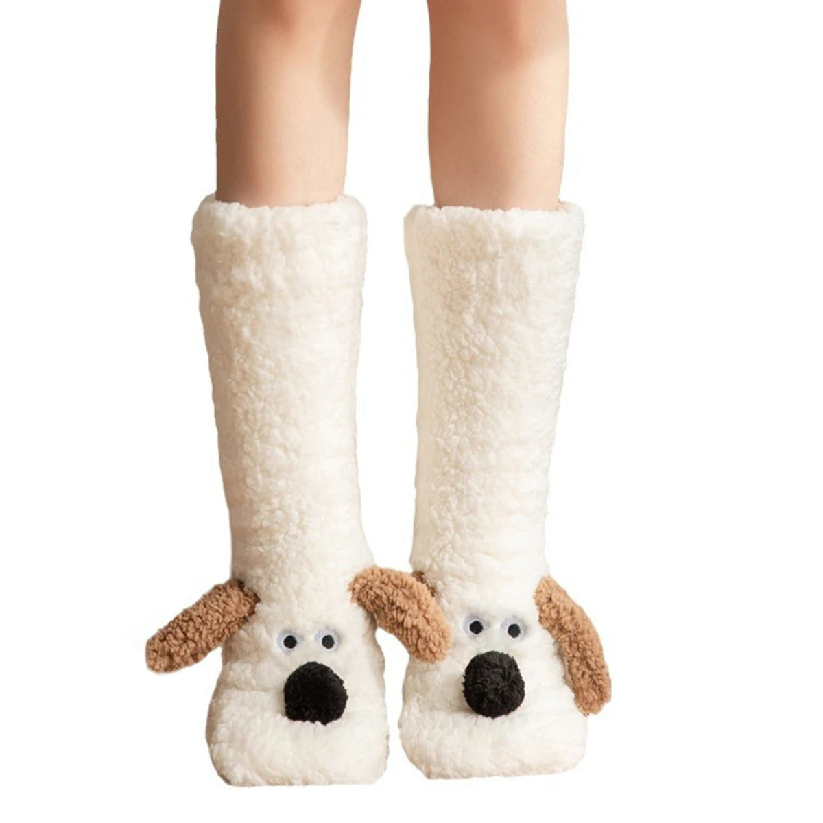 Belro cute fuzzy dog-themed winter leg warmers, cozy white fuzzy socks for cold weather, soft and warm clothing accessory.