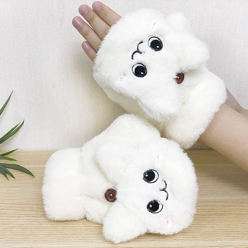 White plush animal fingerless gloves by Belro, soft and cozy clothing accessory with animal design for warmth and style.
