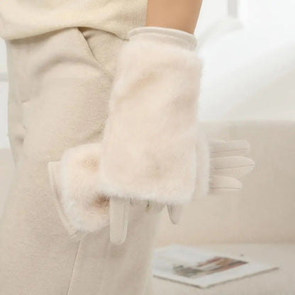Belro white suede rabbit fur touch screen winter gloves, stylish and warm accessories with soft fur trim and touchscreen fingertips.