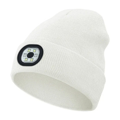 White Belro rechargeable LED beanie hat with built-in flashlight for winter warmth and illumination.