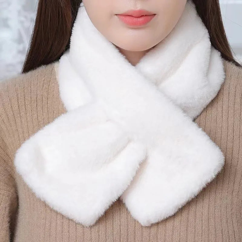 White faux fur cross collar neck warmer winter scarf by Belro, featuring plush, cozy fur and stylish wrap-around design.