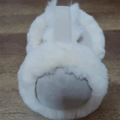White plush ear muffs winter headband by Belro, featuring soft fabric and cozy ear coverage for cold weather.