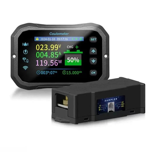 GETDECO WiFi remote RV Coulomb meter measuring 10-100V DC, 50A-600A for battery voltage and current monitoring in smart systems.