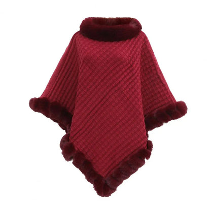Wine red faux fur shawl cloak for women from Belro, showcasing soft, plush fabric and elegant draped style.