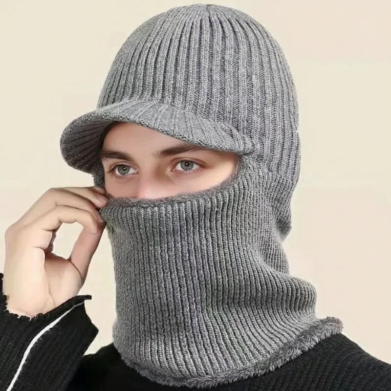 Belro knit beanie balaclava with visor, warm winter hat featuring a cozy knit design and a stylish visor detail.