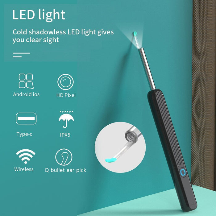 Wireless earwax remover otoscope tool with 1080P camera, suitable for iPhone, iPad, and Android devices for safe ear cleaning.