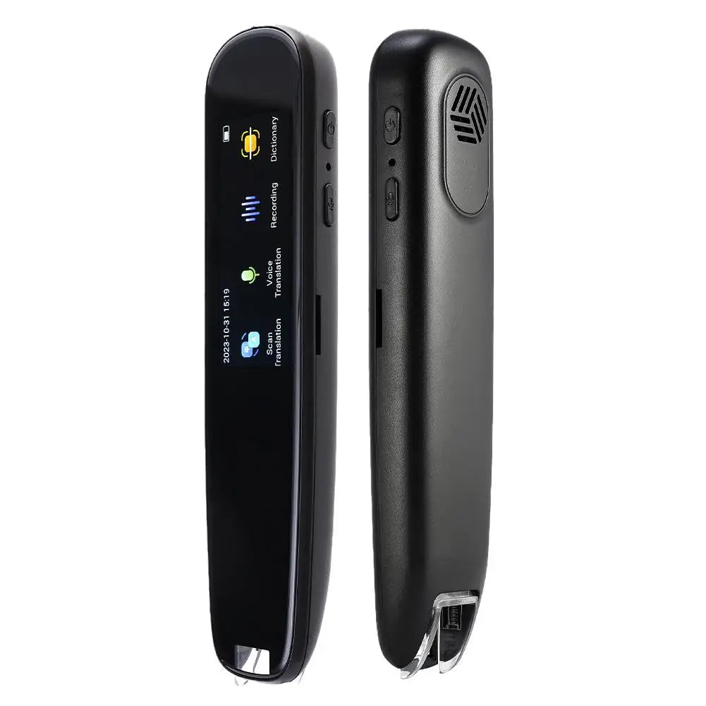 Belro Translator Pen Scanner in use, showing its compact electronic design for real-time language translation and text scanning.