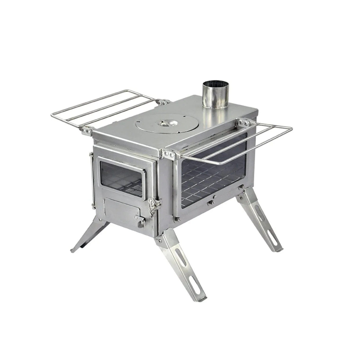 Casavibeo Winnerwell Nomad View Medium wood stove with glass door and metal body, ideal for outdoor camping and heating.