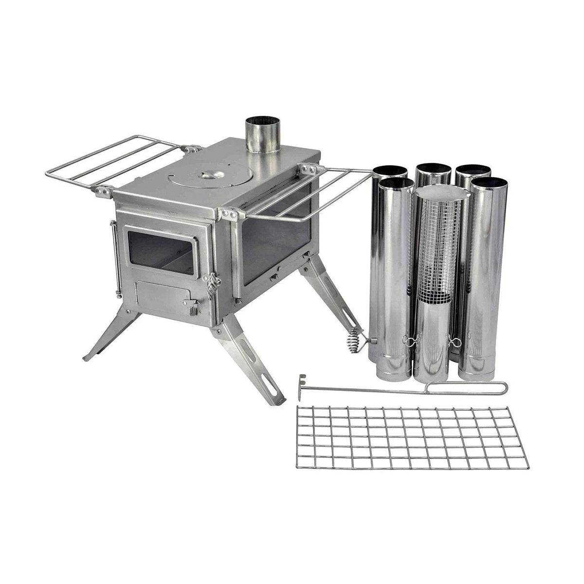 Casavibeo Winnerwell Nomad View Medium wood stove with glass door, metal body, and vent control for outdoor heating.