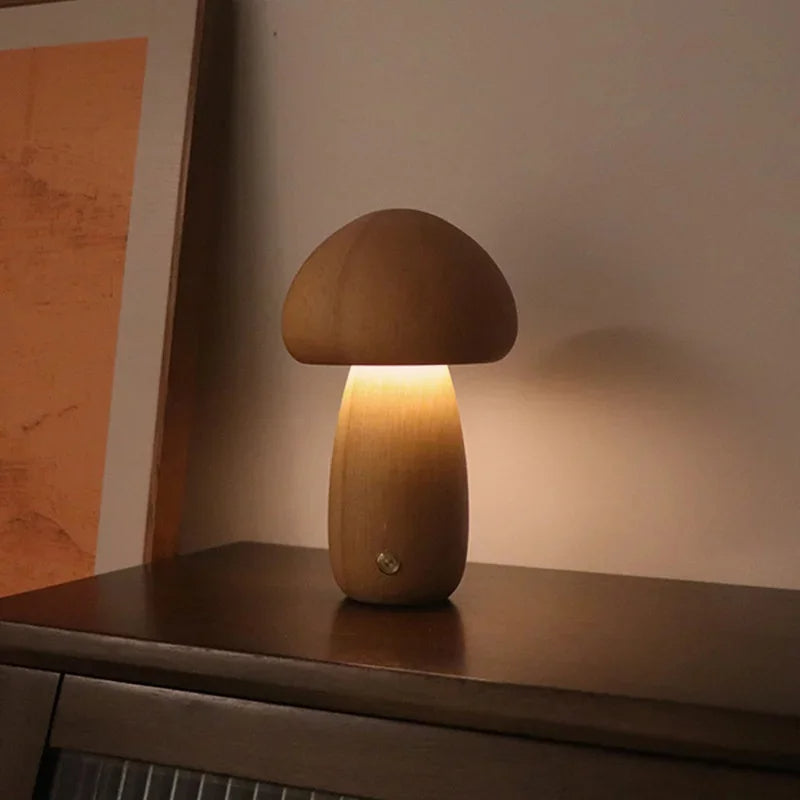 Belro mushroom-shaped night light bedside lamp with wooden base, providing soft ambient lighting for bedroom decor.