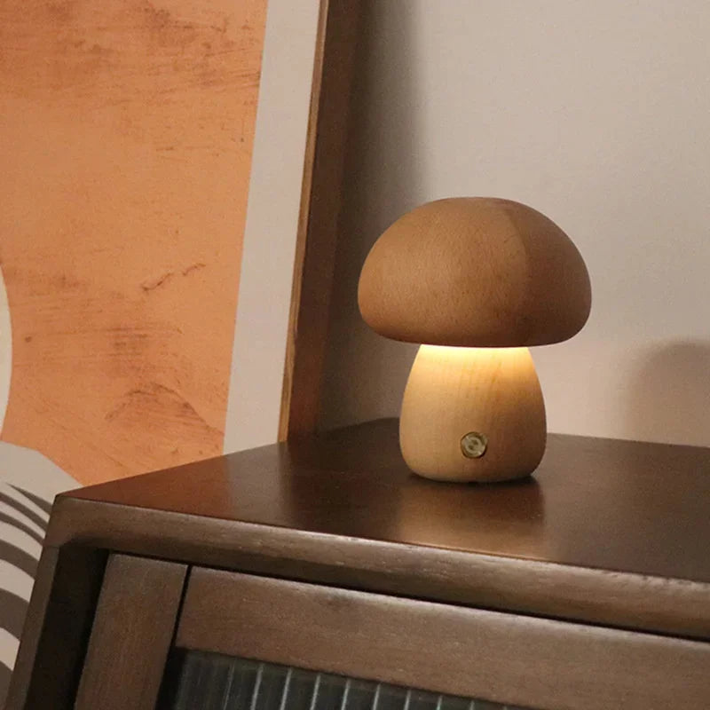 Belro mushroom night light bedside lamp with wooden base, soft glow, ideal for cozy bedroom lighting.