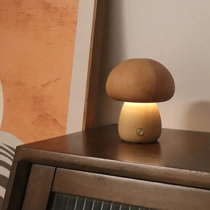 Belro mushroom night light bedside lamp with wooden base, soft glow, ideal for cozy bedroom lighting.