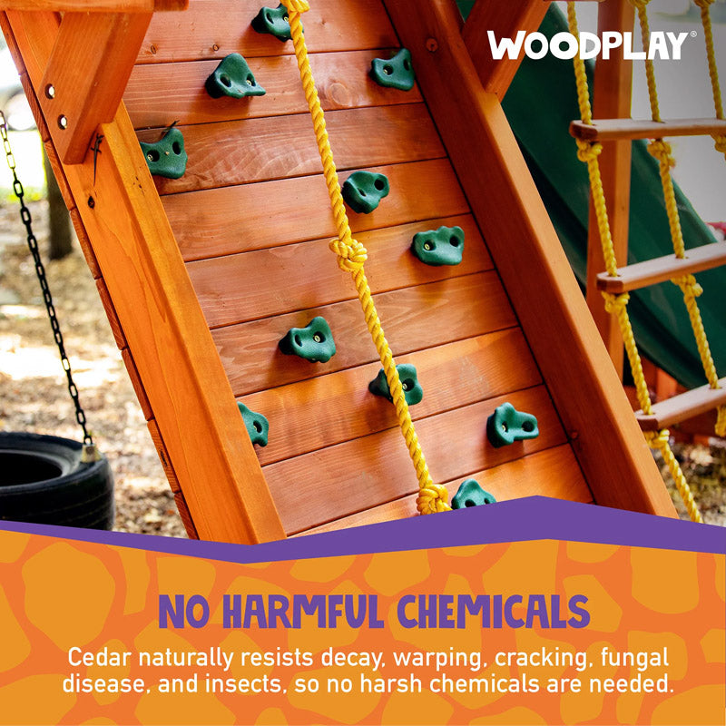 Casavibeo Woodplay Tiger Tower A outdoor wooden play structure with multiple levels and safety features for children.