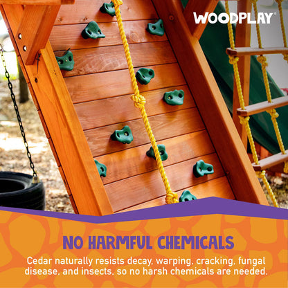 Casavibeo Woodplay Tiger Tower A outdoor wooden play structure with multiple levels and safety features for children.
