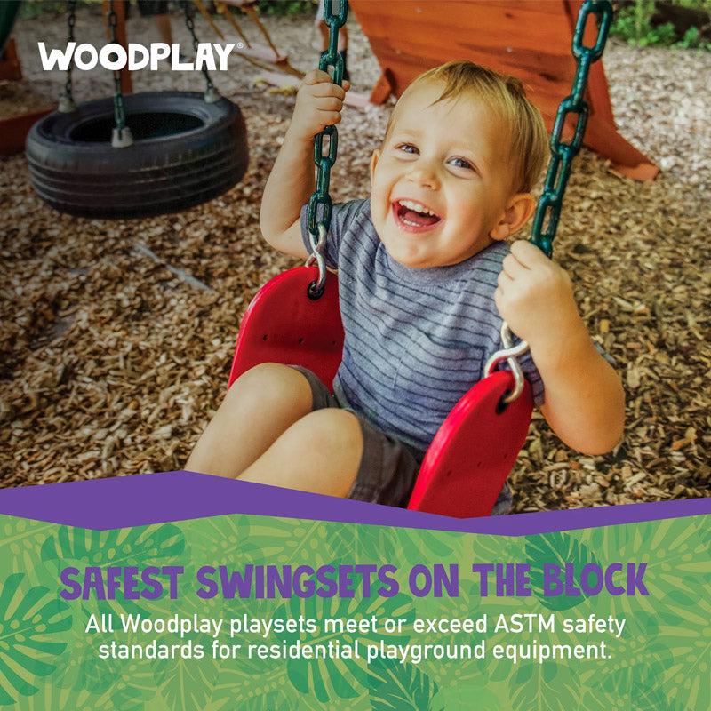 Woodplay Tiger Tower A by Casavibeo featuring a wooden play structure with climbing elements and a slide for outdoor play.
