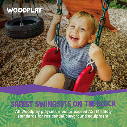 Woodplay Tiger Tower A by Casavibeo featuring a wooden play structure with climbing elements and a slide for outdoor play.