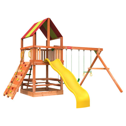 Casavibeo Woodplay Tiger Tower A wooden play structure with multiple levels and a slide for kids' outdoor fun.
