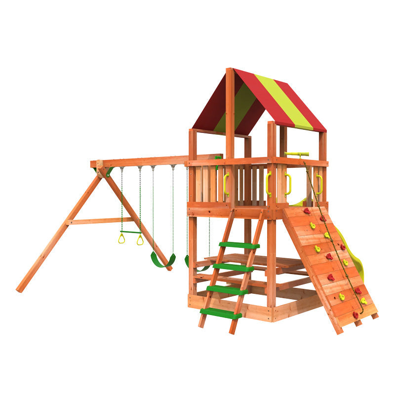 Casavibeo Woodplay Tiger Tower A wooden play structure with climbing elements and a slide for kids' outdoor play.