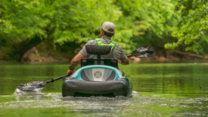 Two Perceptions Hangtime 11.0 recreational kayaks by Casavibeo, shown side by side on calm water.