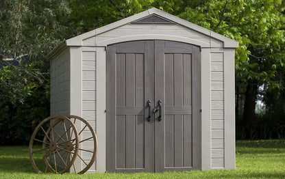 Casavibeo Keter Stronghold 2.0 storage shed with double doors and sturdy construction, shown from the front in the image.