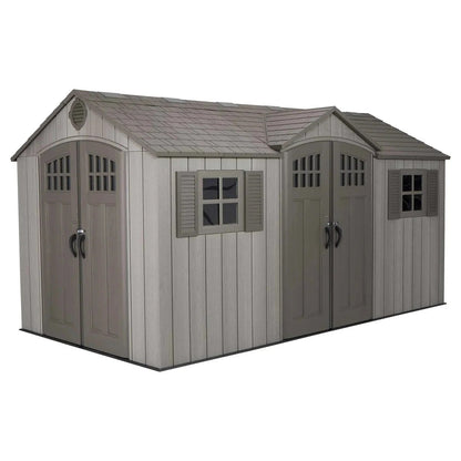 Casavibeo Lifetime 15 ft by 8 ft outdoor storage shed with double doors and window, made of durable weather-resistant material.