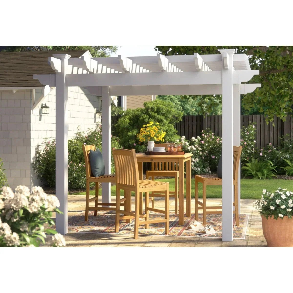 Red Barrel Studio Queensbrooks Taquarius pergola with wooden slats and sturdy frame, ideal for outdoor shade and relaxation.