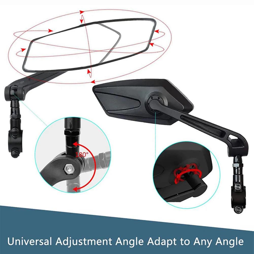 Pair of Belro bike mirrors mounted on handlebars, outdoor setting, showing reflective surfaces for enhanced cycling visibility.