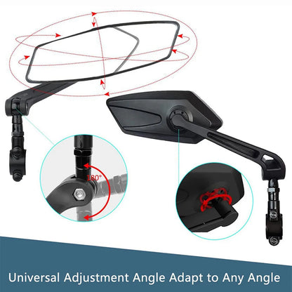 Pair of Belro bike mirrors mounted on handlebars, outdoor setting, showing reflective surfaces for enhanced cycling visibility.
