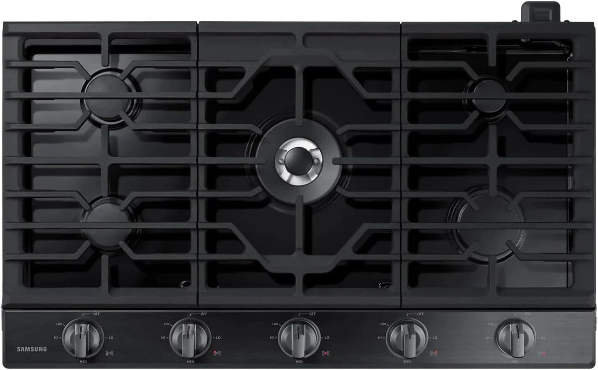 Samsung 36-inch gas cooktop with four burners, black finish, and control knobs, designed for efficient cooking.